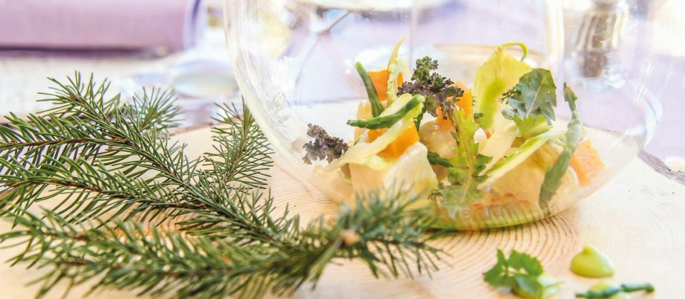 Bei dem Fischgericht „Ceviche vom Saibling mit Apfel“ erkennt man ganz klar das Leitmotiv des aus Karneid im Eggental stammenden Sternekochs Theodor Falser.