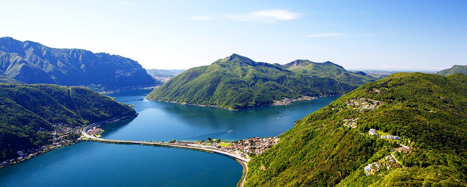 Lago di Lugano: Blick vom San Salvatore auf den Lago di Lugano, Carona und Melid