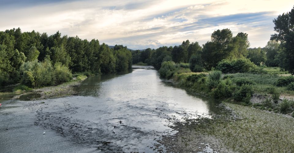 Der Reno fließt im Sommer durch Bologna in der Emilia Romagna und zeigt sich von üppigem Grün gesäumt.