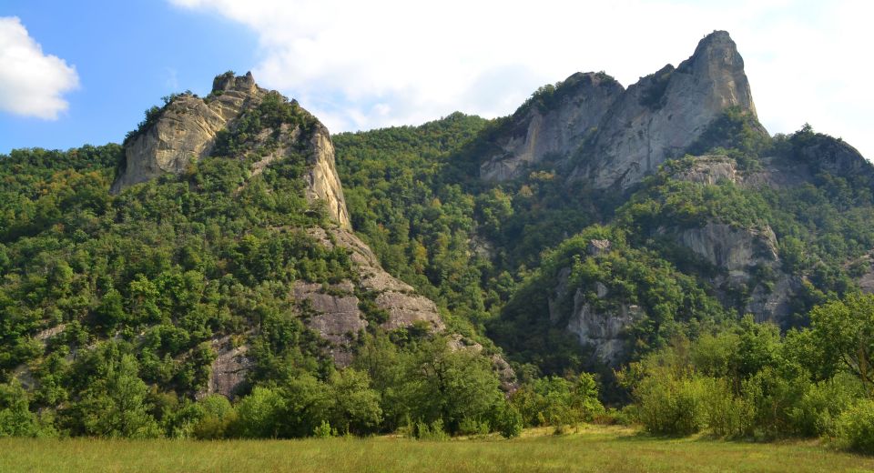Die markanten Sandsteintürme der Sassi di Roccamalatina ragen steil aus den grünen Hügeln des Apennin.