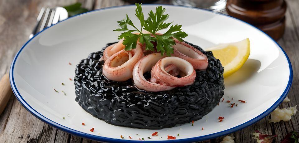 Tiefschwarzes Risotto mit Sepiatinte – Risotto al nero di seppia vereint Meeresaroma und venezianische Eleganz.