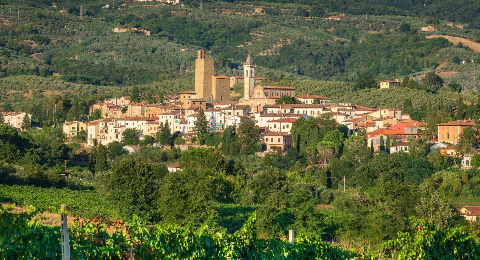 Vinci thront auf einem Hügel im Arno-Tal, umgeben von Weinbergen und Olivenhainen – ein Panorama reiner Toskana.