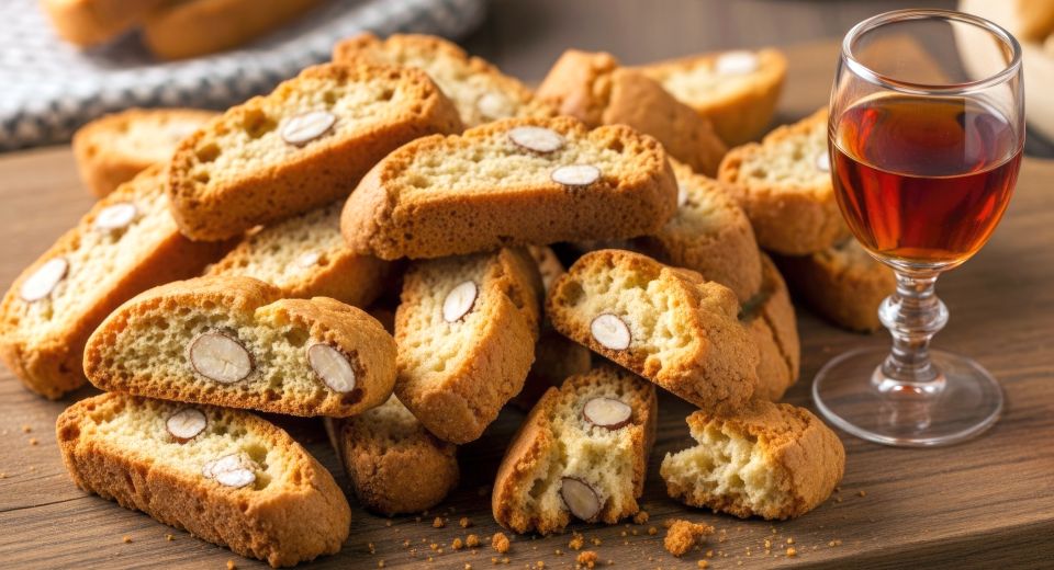 Cantuccini werden in Dessertwein getunkt: knusprige Mandeln treffen auf süße Fülle, klassischer Genuss aus der Toskana.!