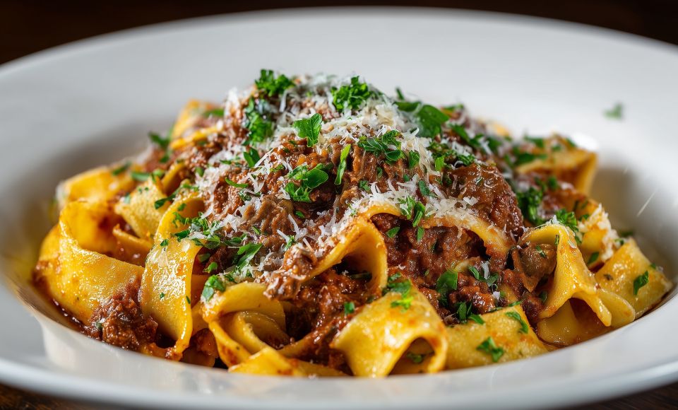 Pappardelle al cinghiale: breite Nudeln mit Wildschweinragout, kräftig, aromatisch und ein klassisches toskanisches Traditionsgericht.