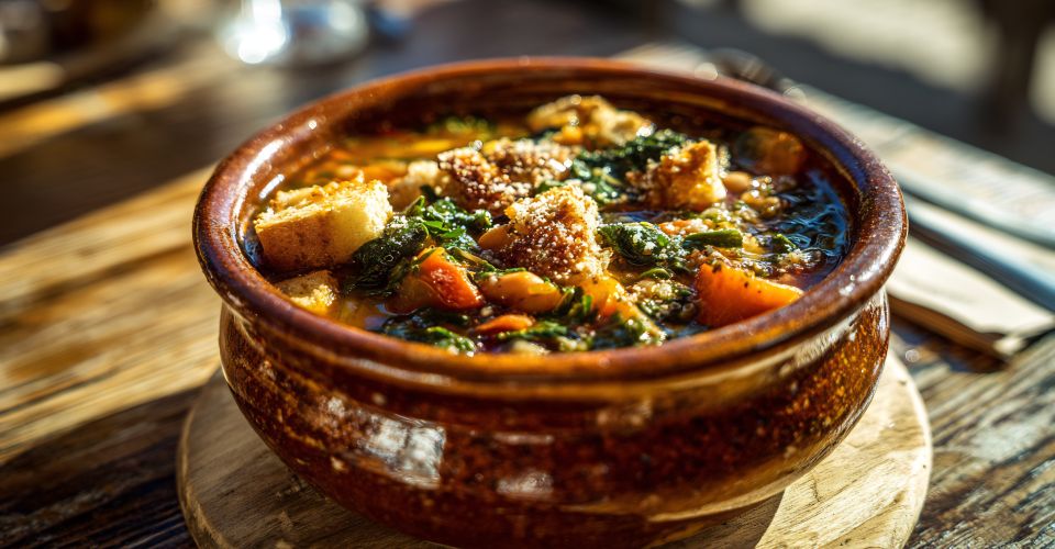 Ribollita ist eine toskanische Brotsuppe mit Bohnen und Schwarzkohl, erneut aufgekocht, herzhaft, winterlich, sättigend.