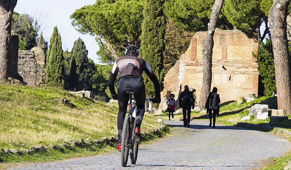 Mächtige Pinien und jahrtausendealte Steine prägen die Via Appia Antica, eine der berühmtesten Straßen des antiken Roms.